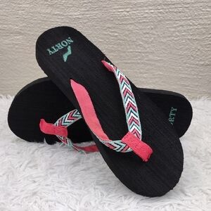 NORTY Black Pink Multicolor Embroidered Strap Round Toe Thong Flip Flop Sandal